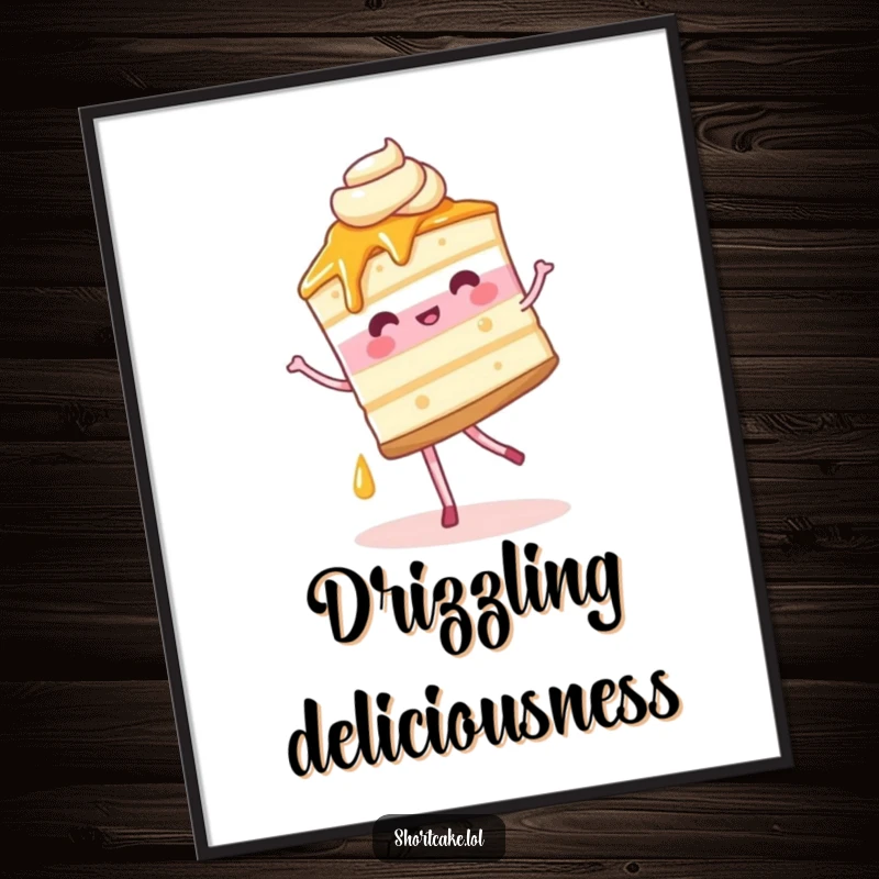 Funny Digital Art Print of a shortcake slice pirouetting, syrup trailing, a delightful and humorous dessert illustration.