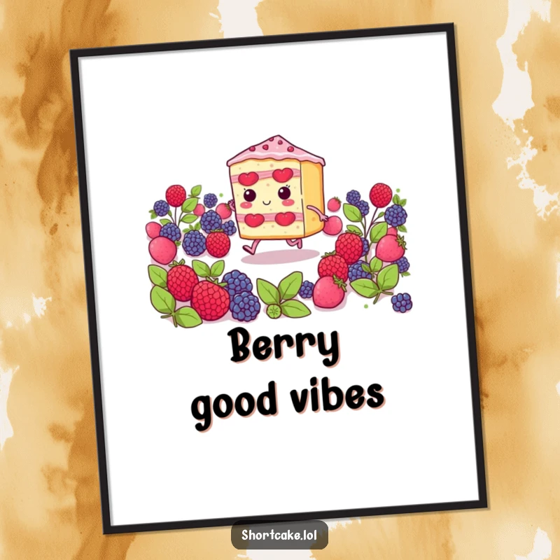 Funny shortcake slice with tiny legs joyfully skipping through a vibrant field of red berries, a humorous digital art print.