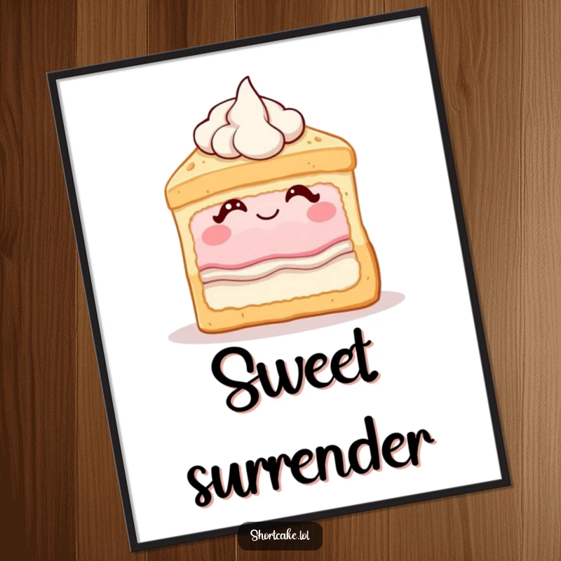 Funny shortcake digital art print of a dessert slice winking with cream, offering instant charm and whimsical sweetness.