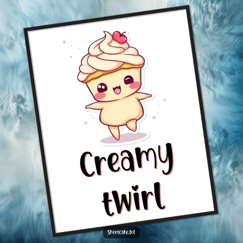 Funny digital art print of a shortcake slice character in a playful spin, its cream topping creating a delightful swirl.
