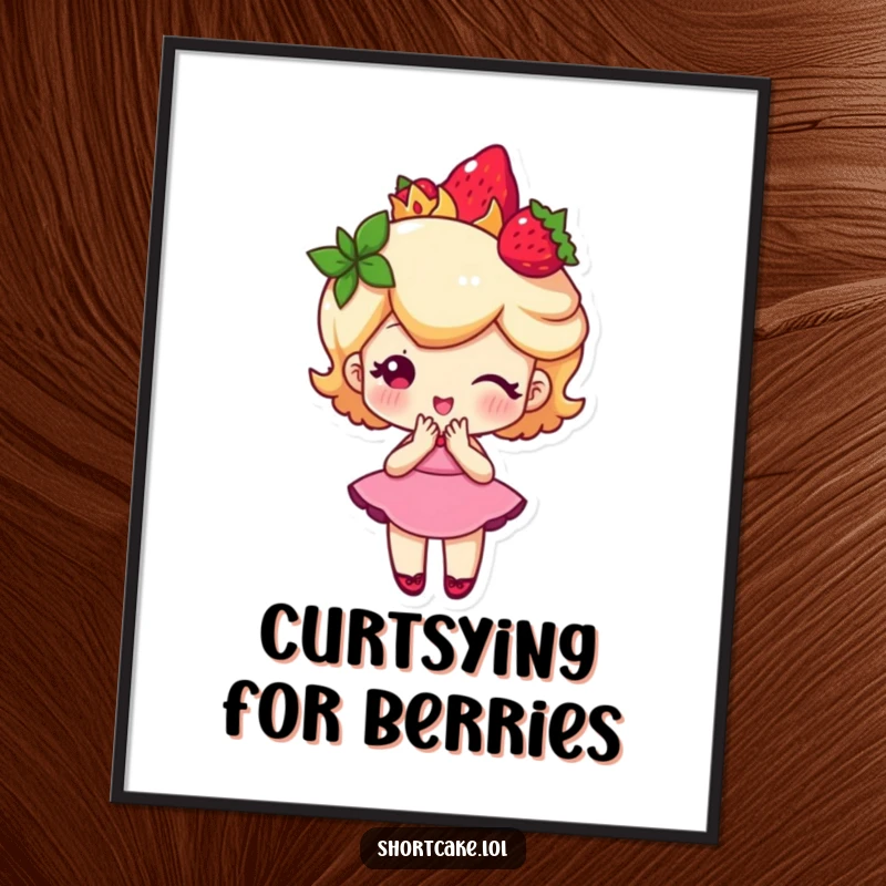 Funny shortcake character wearing a strawberry crown and performing a curtsy, a humorous digital art print for regal delight.