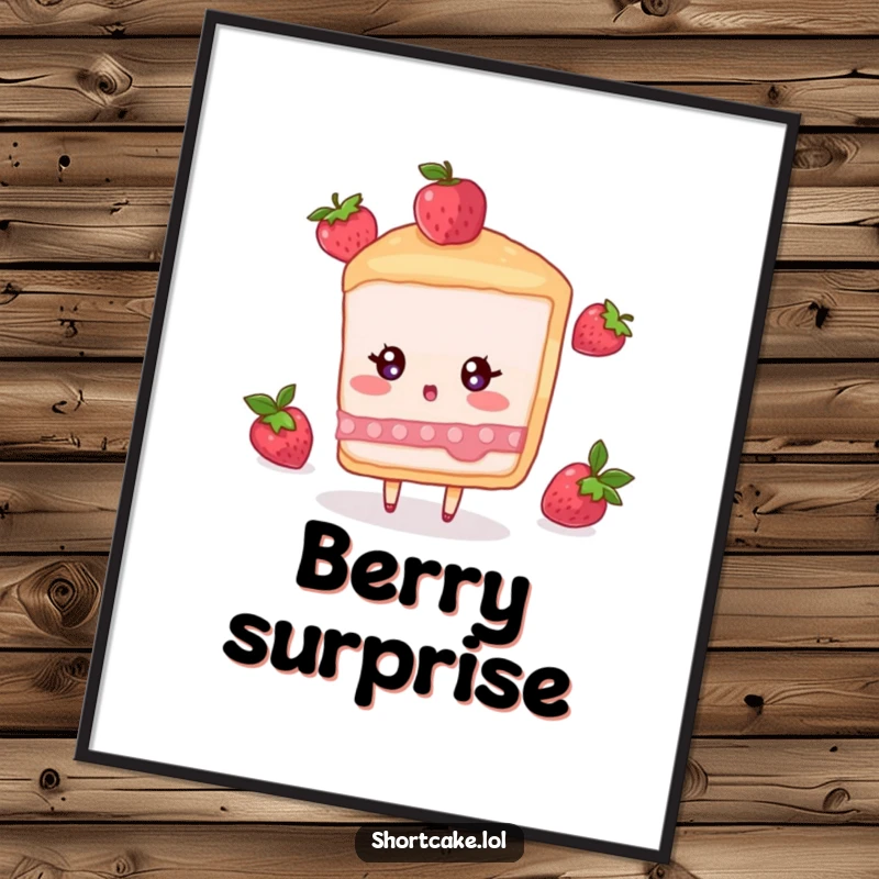 Funny digital art print of a shortcake slice character looking surprised as a berry falls, capturing a sweet moment.
