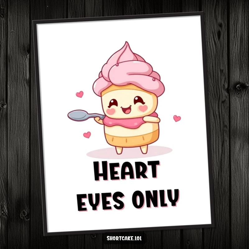 Funny shortcake digital art print of a character with heart eyes joyfully twirling a spoon, vibrant and happy decor.