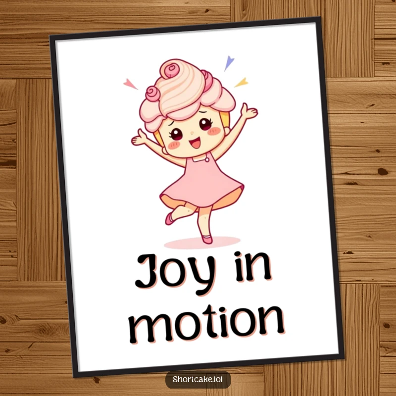 Funny digital art print of a shortcake character doing an energetic, celebratory pirouette, ideal for instant decor.