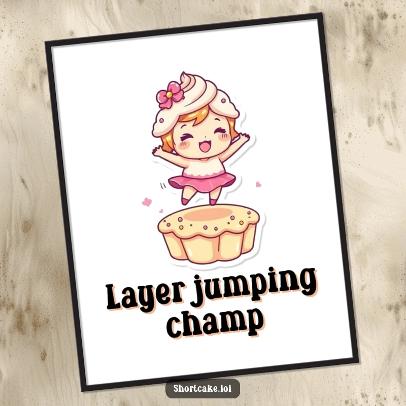 Funny Leaping Shortcake Digital Art Print of a dessert character in mid-leap, offering instant dynamism and a funny gift.