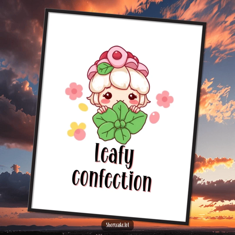 Funny Shortcake Digital Art: A shortcake character peeks from behind a mint leaf with a grin, bringing instant dessert joy.