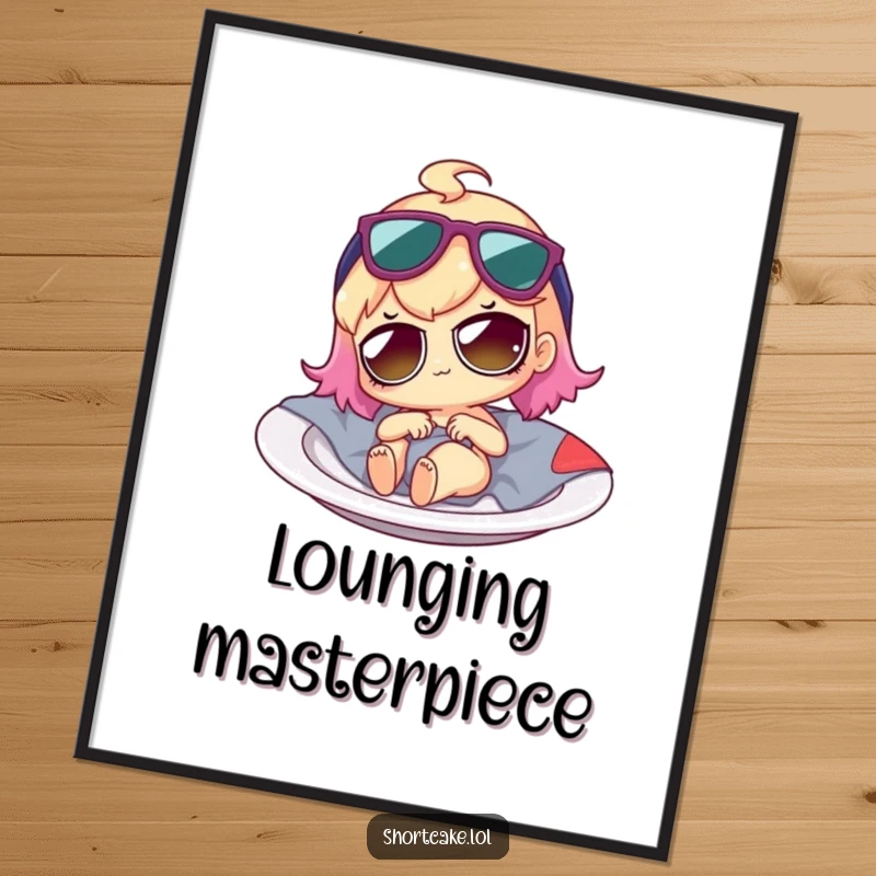 Funny shortcake character wearing tiny sunglasses, lounging on a plate, as a high-resolution digital art print.