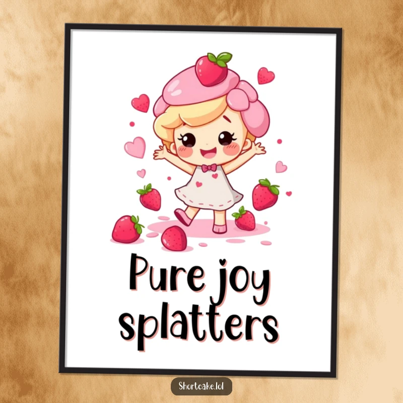 Funny happy shortcake character doing a lively dance surrounded by berry juice splatters, available as a high-quality digital art print.