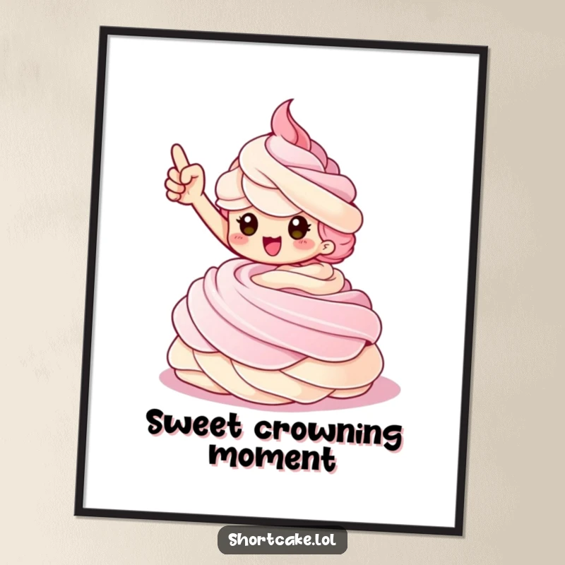 Funny Shortcake Digital Art Print of a triumphant shortcake character striking a pose on a whipped cream swirl.