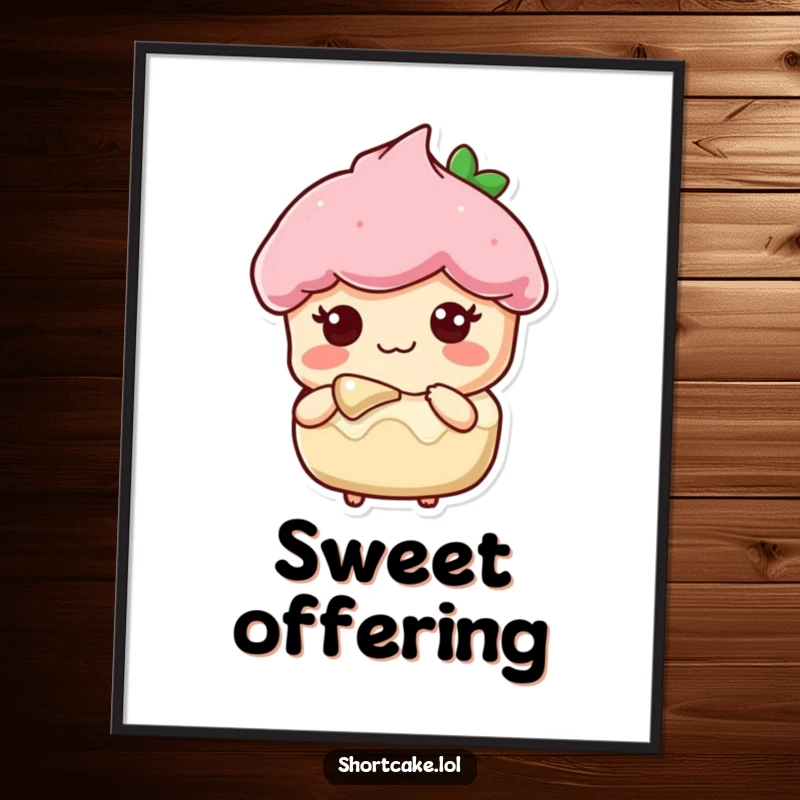 Funny digital art print of a shortcake slice character with a sweet expression, offering a bite, symbolizing generosity.