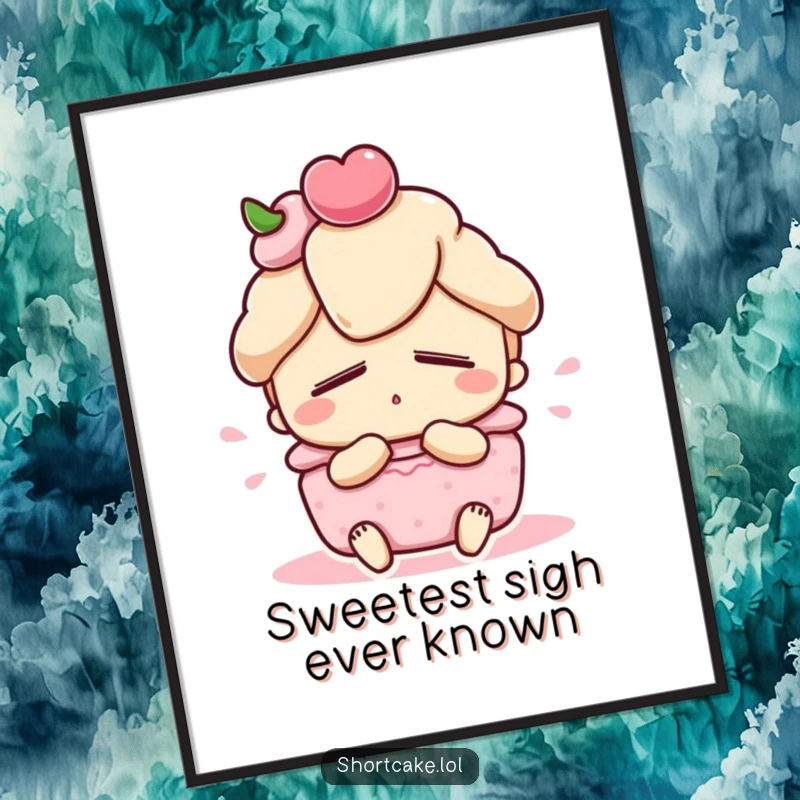 Funny shortcake digital art print, cute dessert character with eyes closed, satisfied sigh, instant download, humorous funny gift.