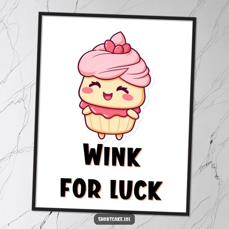 Funny digital art print of a shortcake character giving a playful wink, offering instant charm and humorous personality to wall decor.