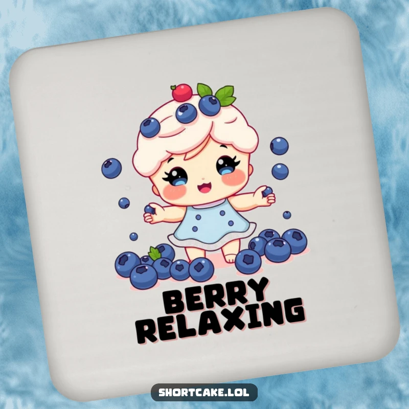 Funny Shortcake Coaster: A shortcake character juggling tiny blueberries, protecting surfaces humorously.