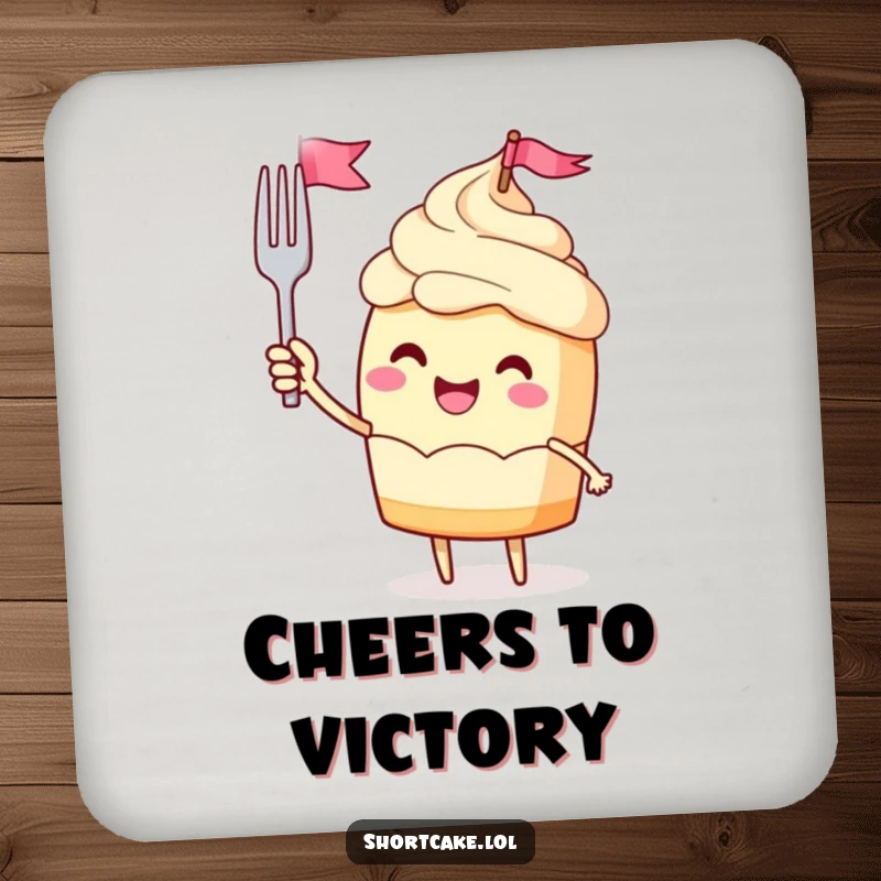 Funny coaster with a jubilant shortcake character waving a miniature fork flag, protecting surfaces with celebratory flair.