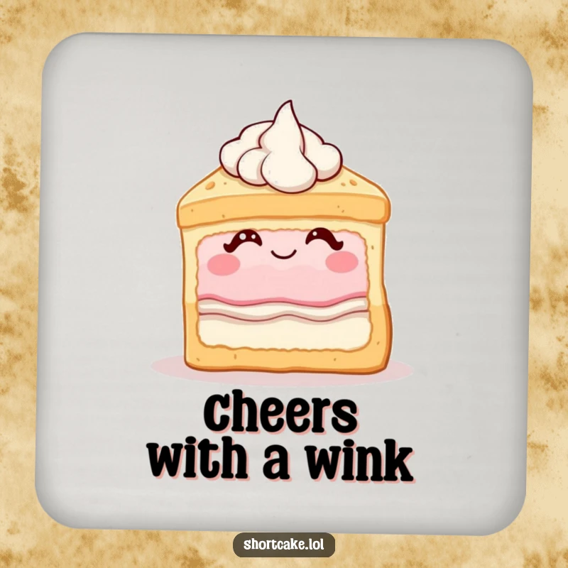 Funny shortcake coaster depicting a dessert slice winking with cream, adding a touch of sweet and humorous fun to drink protection.