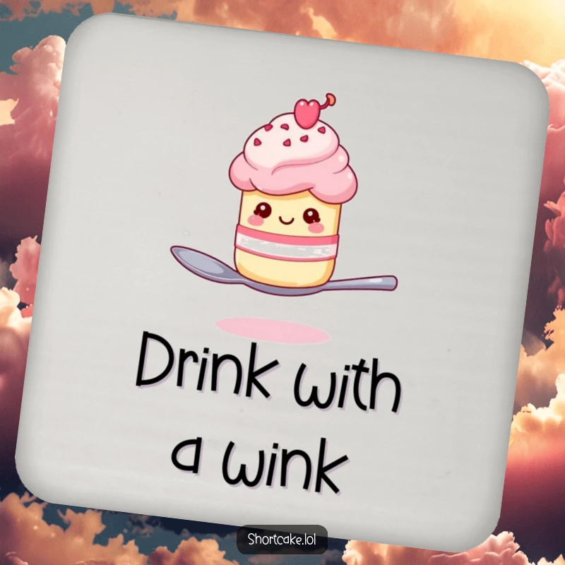 Funny shortcake winking on a spoon drink coaster, a dessert character balancing with a wink, protects surfaces humorously.