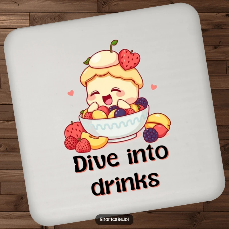 Funny shortcake coaster, diving into fruit, enthusiastic, playful protection, humorous accessory.