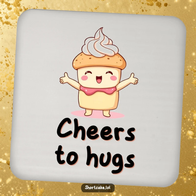 Funny shortcake coaster with a shortcake embracing whipped cream with open arms, perfect for adding sweet and cozy humor.