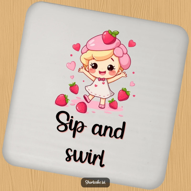 Funny happy shortcake character dancing with berry juice splatters, making a fun statement on a drink coaster.