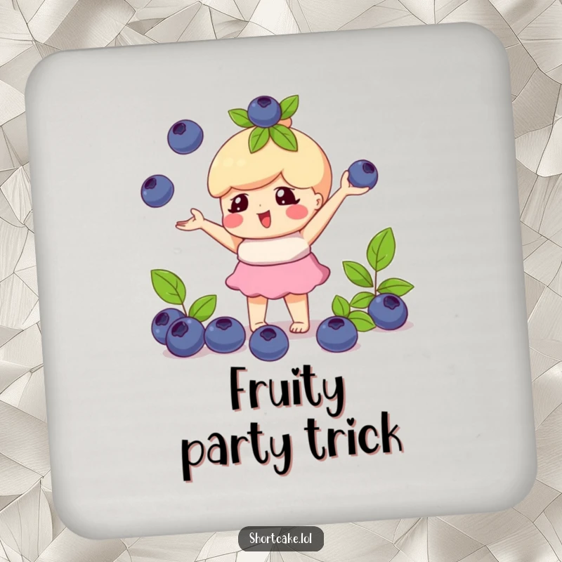 Funny coaster with a shortcake character playfully juggling blueberries, protecting surfaces with playful flair.