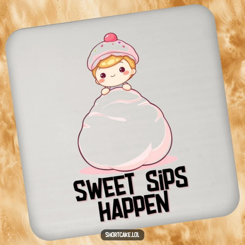 Funny shortcake coaster, sitting on meringue, happy, sweet protection, humorous accessory.