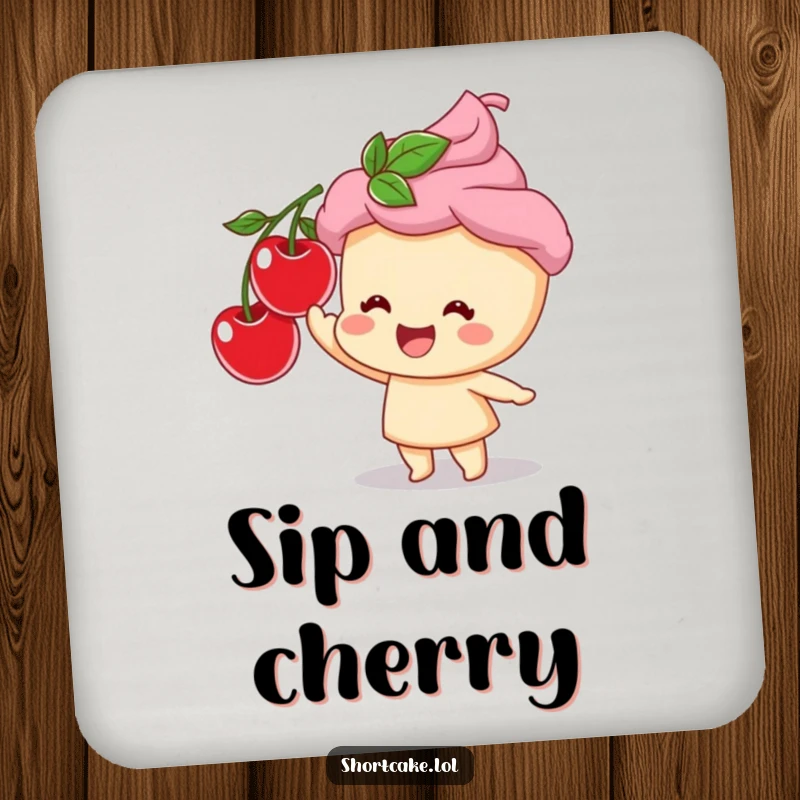 Funny drink coaster featuring a shortcake character reaching for a cherry, adding a touch of sweet humor to any surface.