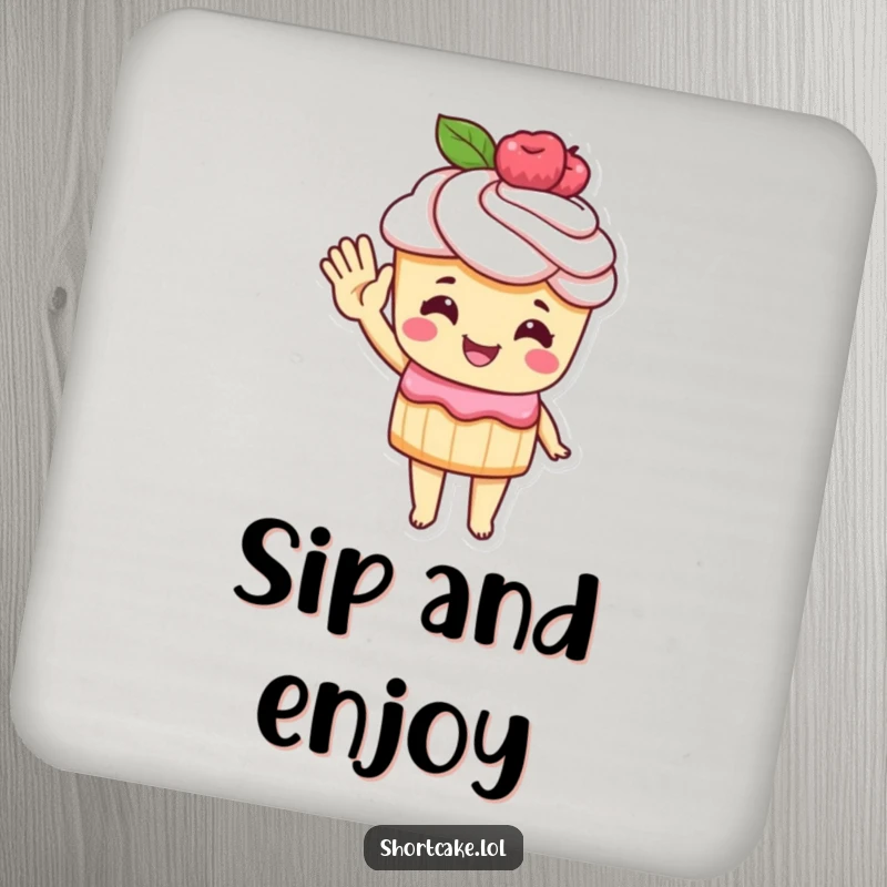 Funny Drink Coaster featuring a shortcake character waving hello with its pastry hand, protecting surfaces with style and humor.