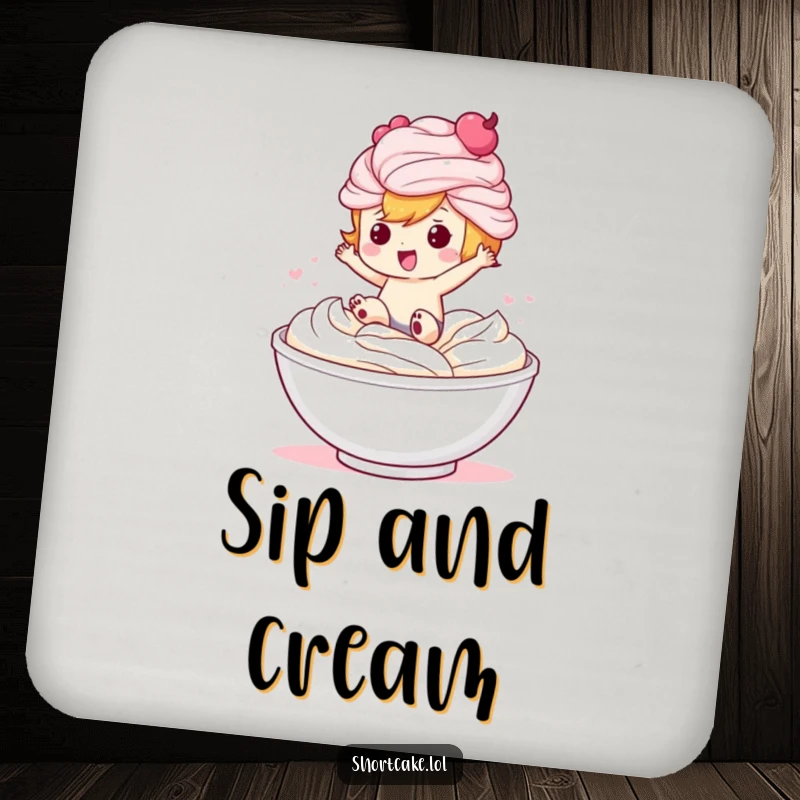Funny drink coaster featuring a cute shortcake character splashing into a generous serving of whipped cream.