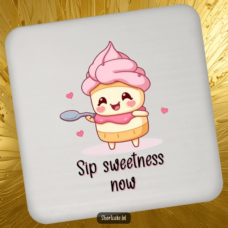 Funny shortcake drink coaster featuring a character with heart eyes joyfully twirling a spoon, protecting surfaces with charm.