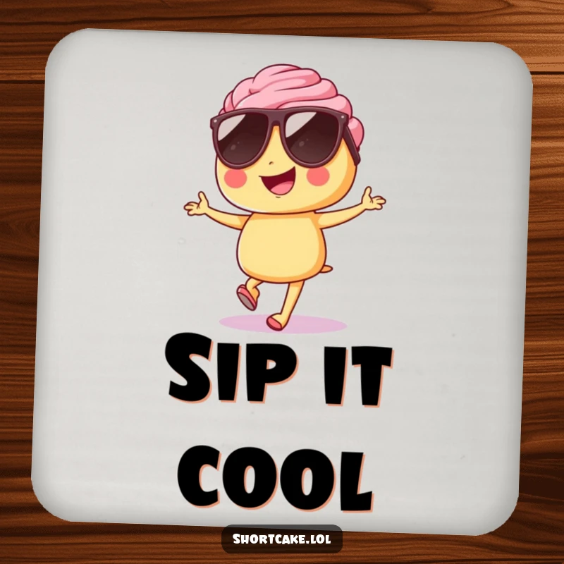 Funny shortcake coaster, sunglasses, hopping, stylish protection, adding humor to drinks, unique.
