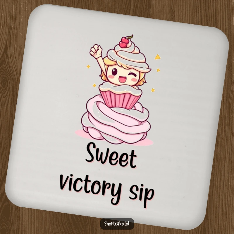 Funny triumphant shortcake character on a whipped cream swirl, making a funny statement on a drink coaster.
