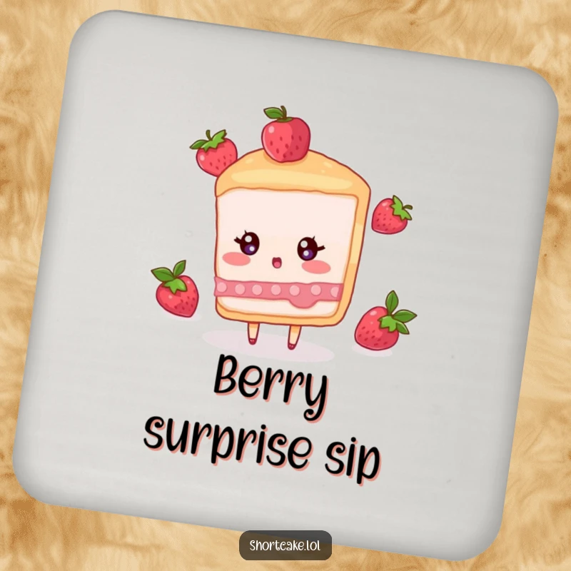Funny drink coaster featuring a shortcake slice character reacting with surprise to a falling berry, adding charm.