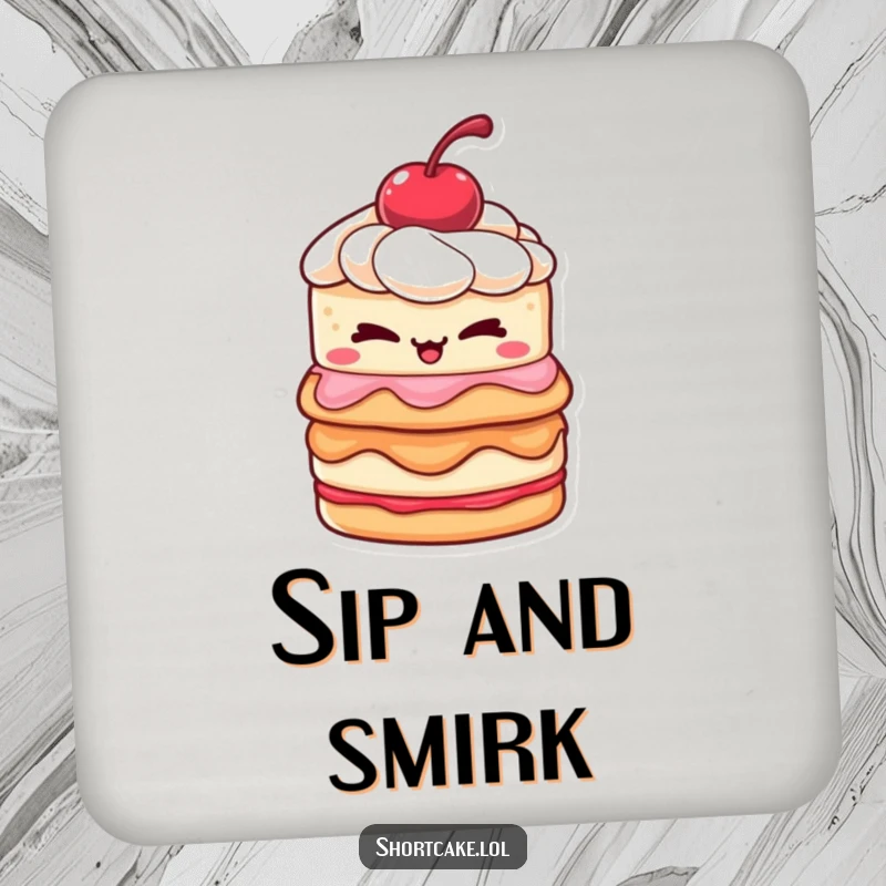 Funny shortcake coaster with a layered dessert and cherry winking mischievously, perfect for adding sweet humor to drinks.