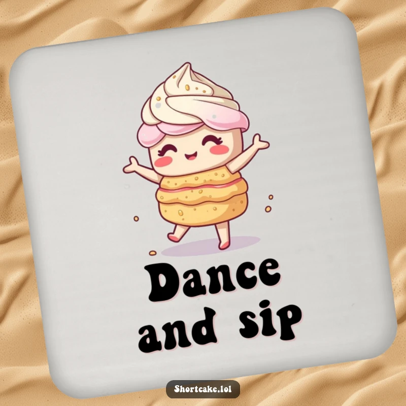 Funny kawaii shortcake character doing a silly wobbly dance, adding a humorous touch to drink coasters. Excellent gift.