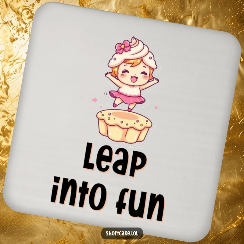 Funny Leaping Shortcake Drink Coaster featuring a dessert character in mid-leap, adding dynamism and humor to protect surfaces.