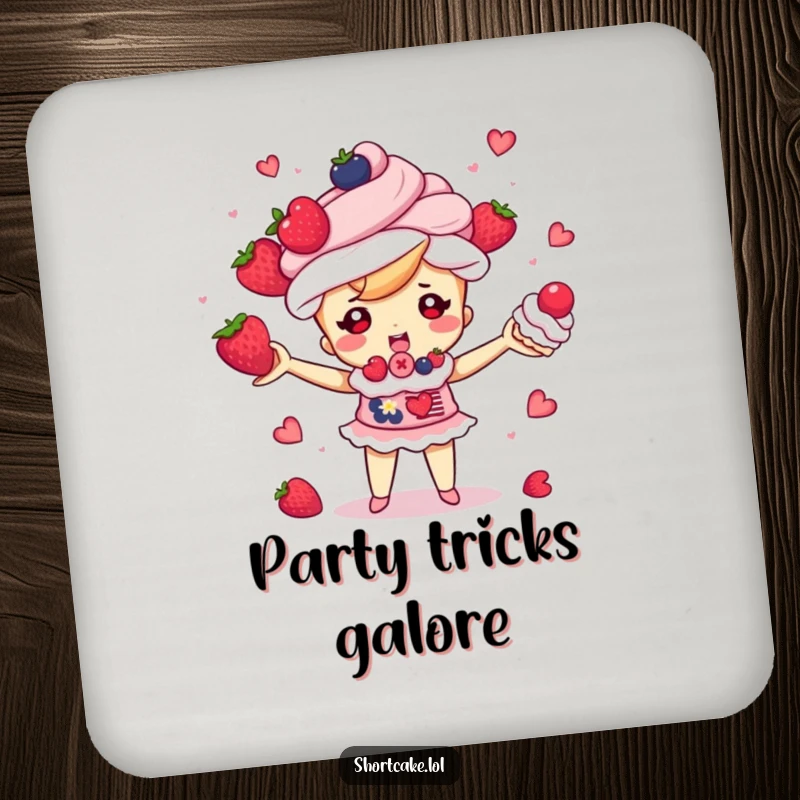 Funny shortcake character juggling berries and cream puffs, cute drink coasters, set of protective table accessories, a funny gift.