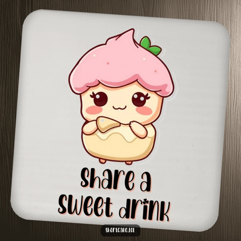 Funny drink coaster depicting a shortcake slice character offering a bite with a sweet expression, symbolizing sharing.
