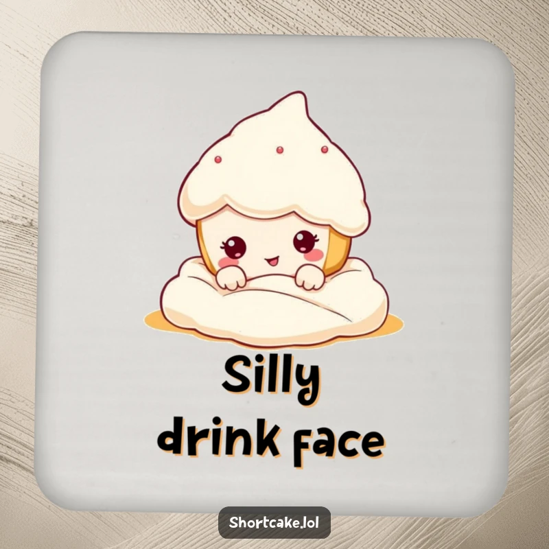 Funny kawaii shortcake character making a silly funny face, adding a humorous touch to drink coasters. Excellent gift.