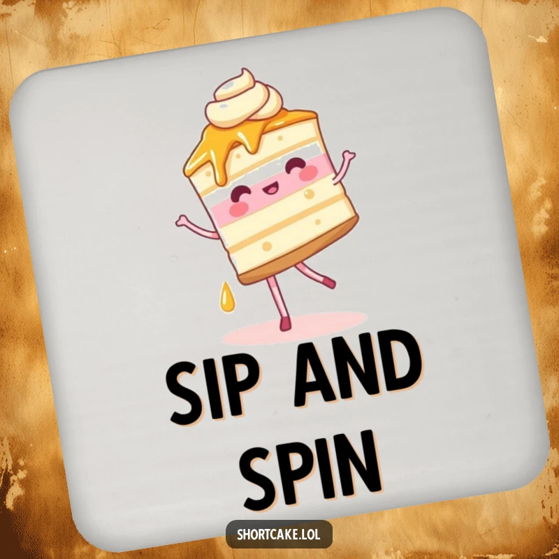 Funny Drink Coaster featuring a shortcake slice mid-pirouette with a syrup trail, protecting furniture with humor.