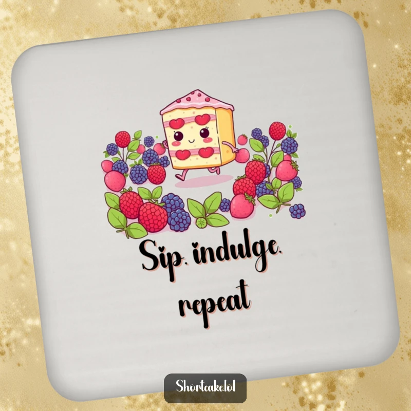 Funny shortcake slice with tiny legs skipping through berries, a cute and humorous coaster set for protecting surfaces.