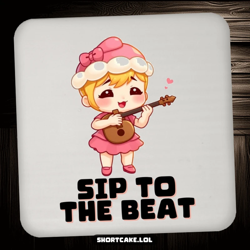 Funny shortcake character playing a tiny fife with gusto, a cute and humorous coaster set for protecting surfaces.