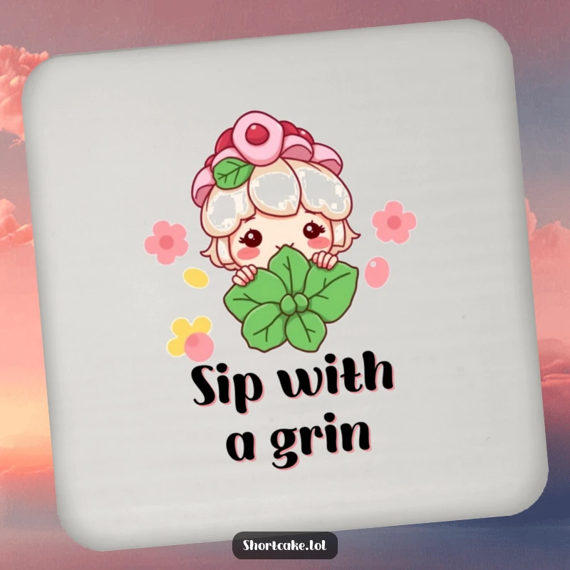 Funny Shortcake Coasters: A shortcake character peeks from behind a mint leaf with a grin, adding sweet charm to drinks.