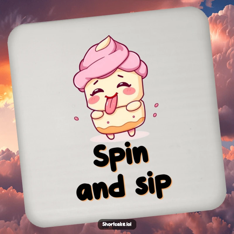 Funny shortcake coaster, spinning, silly face, tongue out, playful protection, humorous accessory.