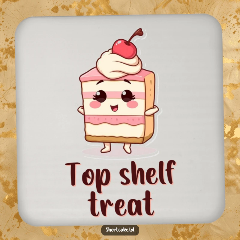 Funny drink coaster featuring a shortcake slice posing confidently with a cherry accent, providing stylish and humorous surface protection.