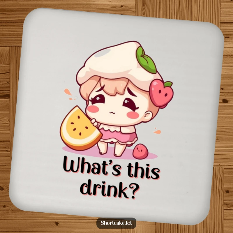 Funny coasters featuring a shortcake character looking confused, a fruit slice misplaced, perfect for tables.