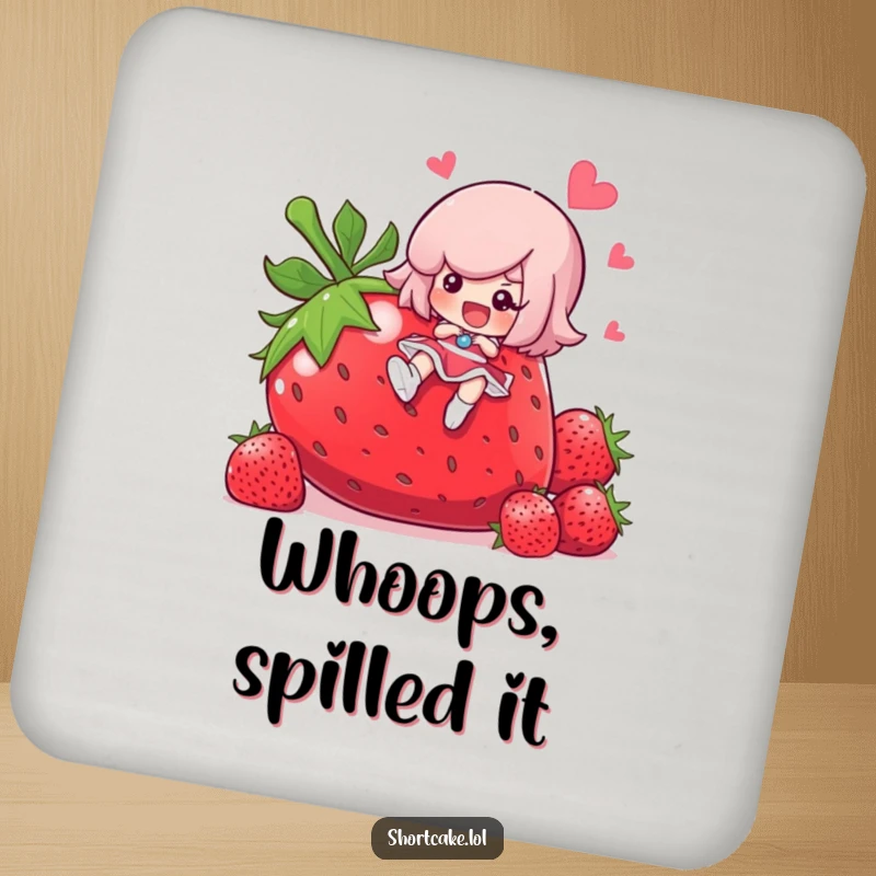Funny shortcake character slipping on a giant strawberry, cute drink coasters, set of protective table accessories, a funny gift.