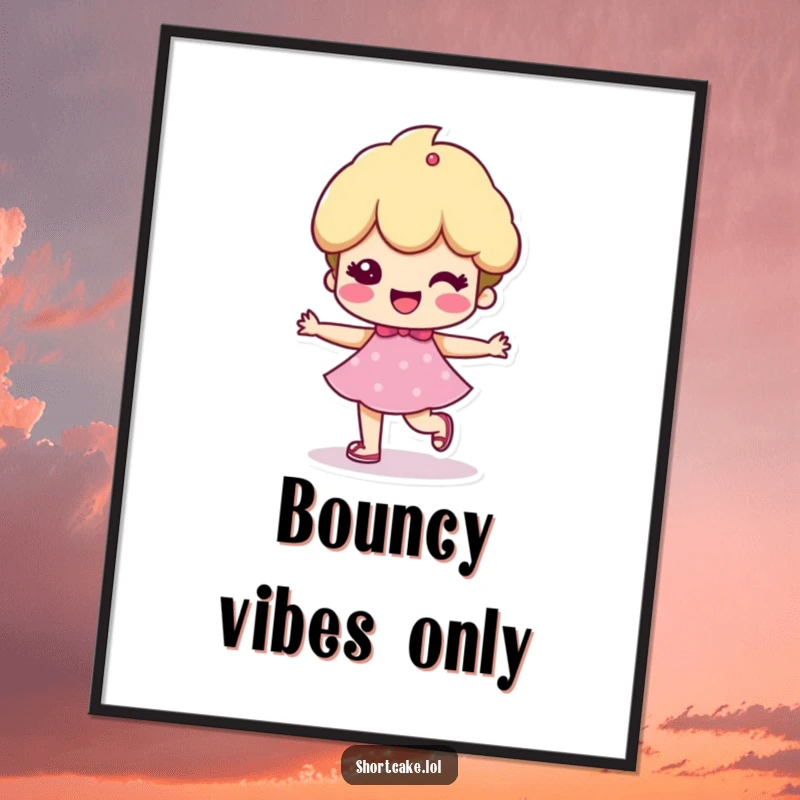 Funny poster of a shortcake character with a cheerful, bouncy step, radiating happiness and positive energy for wall decor.