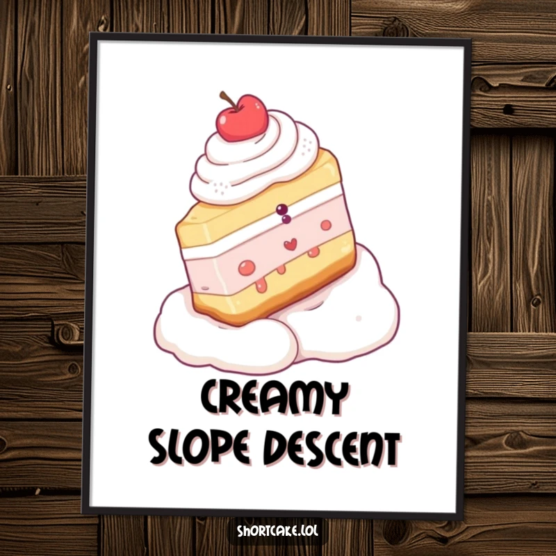 Funny poster art of a shortcake slice on a wild ride down a whipped cream slope, bringing whimsical dessert humor to your wall.