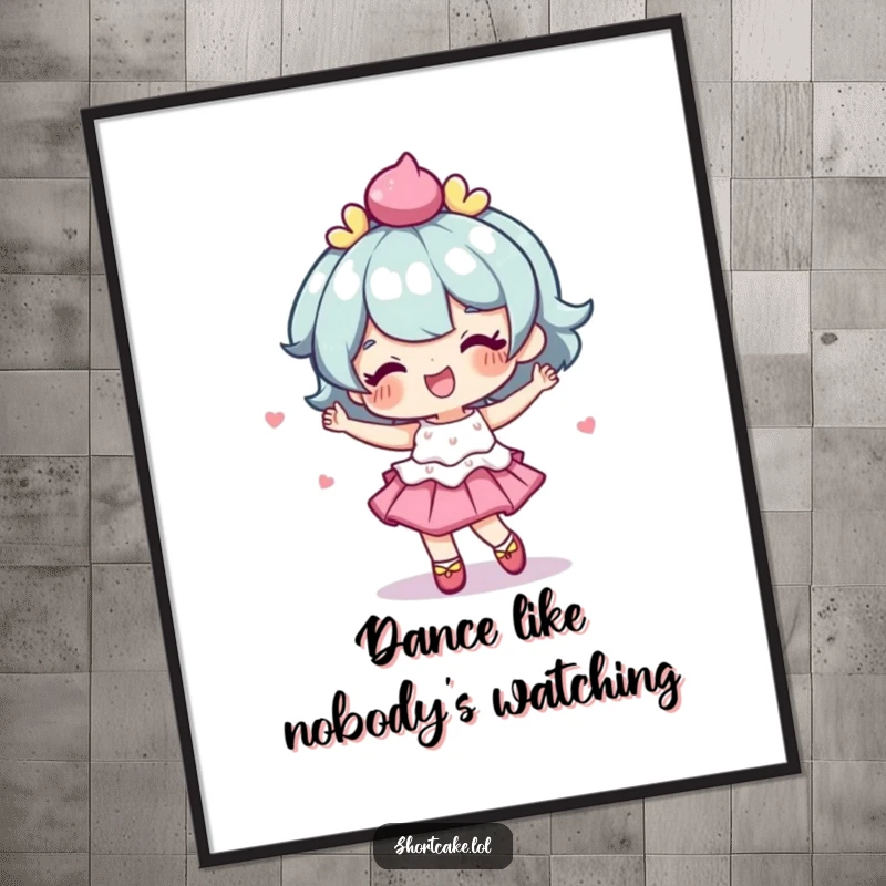 Funny poster art of a shortcake character doing a delightful, somewhat wobbly dance with great enthusiasm.