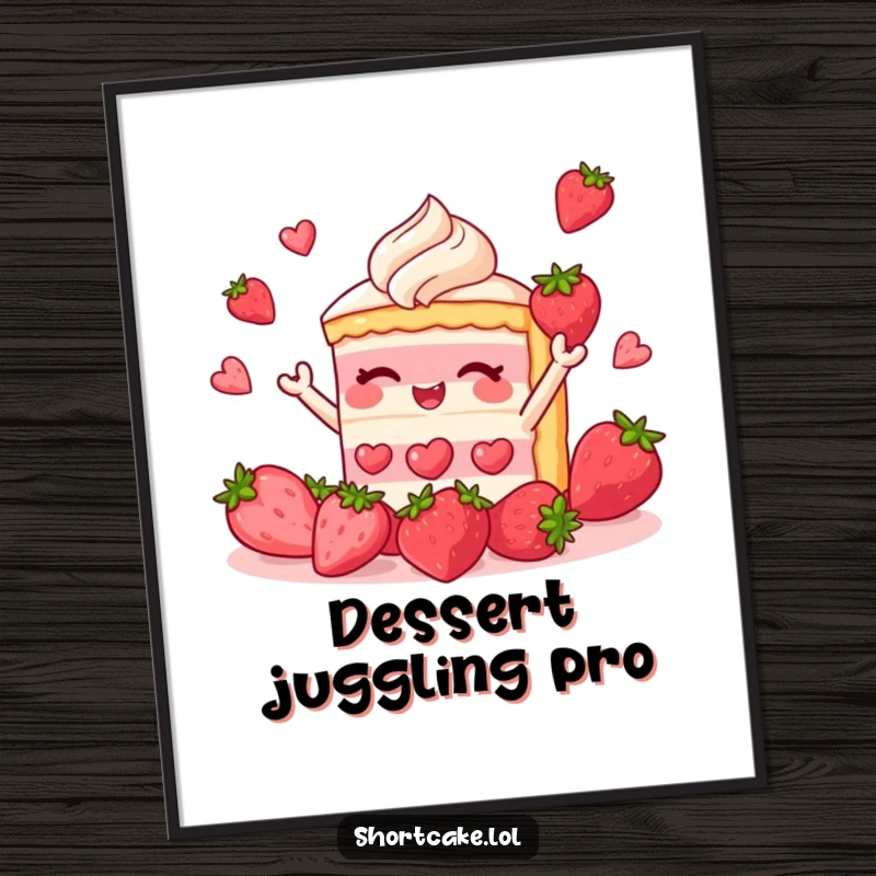 Funny shortcake poster showing a dessert slice juggling strawberries, a humorous and delightful piece of wall art.
